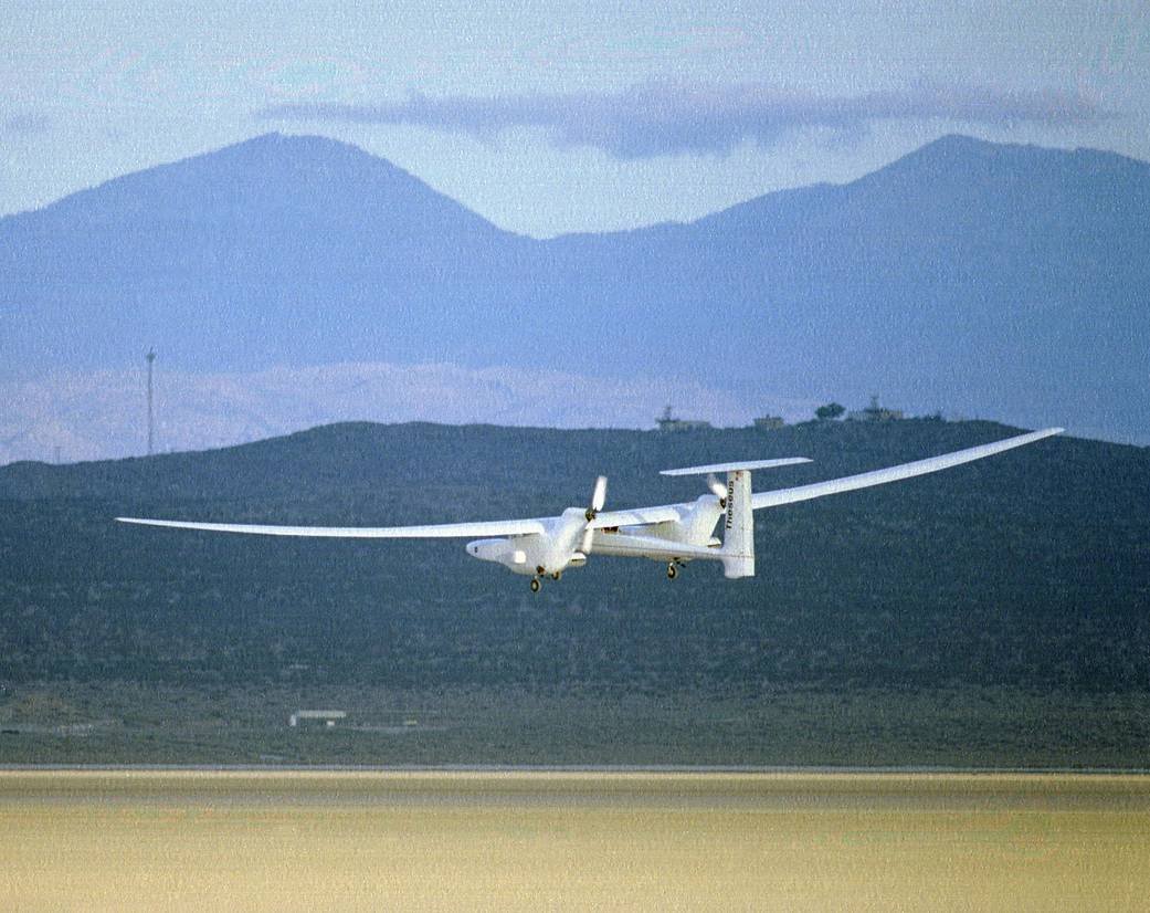 Theseus research aircraft approaching Rogers Dry Lake, showing its long slender wing
